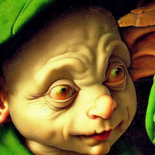 Prompt: close up portrait of two small green goblins extremely excited to show you something behind them, oil painting, high detail, dark lighting, atmospheric, extremely detailed, intricate, da vinci, michelangelo, caravaggio, hans holbein, raphael, donatello, 8 k