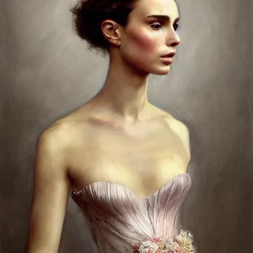 Image similar to portrait of nathalie portman dressed by alexander mcqueen | highly detailed oil painting, hyperrealistic, very intrincate | cinematic lighting, award - winning | by roberto ferri, gustav klimt, william waterhouse and tom bagshaw | by austin osman spare and william blake, trending on artstation, cgsociety, official art, octane.