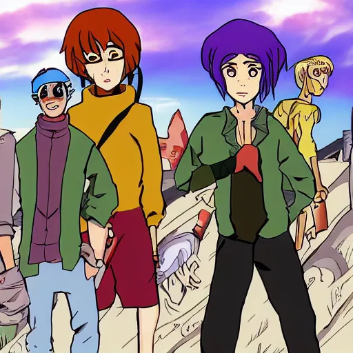 Prompt: post apocalyptic scooby doo characters anime style