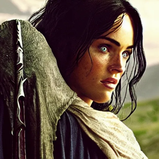 Prompt: first photos of 2 0 2 4 female lotr remake - megan fox as aragorn, ( eos 5 ds r, iso 1 0 0, f / 8, 1 / 1 2 5, 8 4 mm, postprocessed, crisp face, facial features )