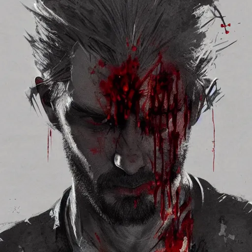 Image similar to portrait of pewdiepie with an angry expression, blood covering his face, wearing a leather jacket, dramatic lighting, illustration by Greg rutkowski, yoji shinkawa, 4k, digital art, concept art, trending on artstation