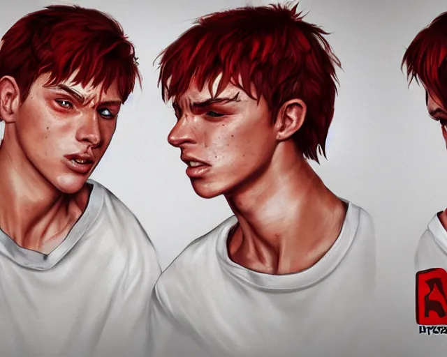 Image similar to portrait stocky of 1 9 - year - old male twins with red hair and freckles, two male, wearing shirts,, hyper realistic face, beautiful eyes, character art, art by mark brooks, hyperdetailed, cryengine, trending on artstation, digital art