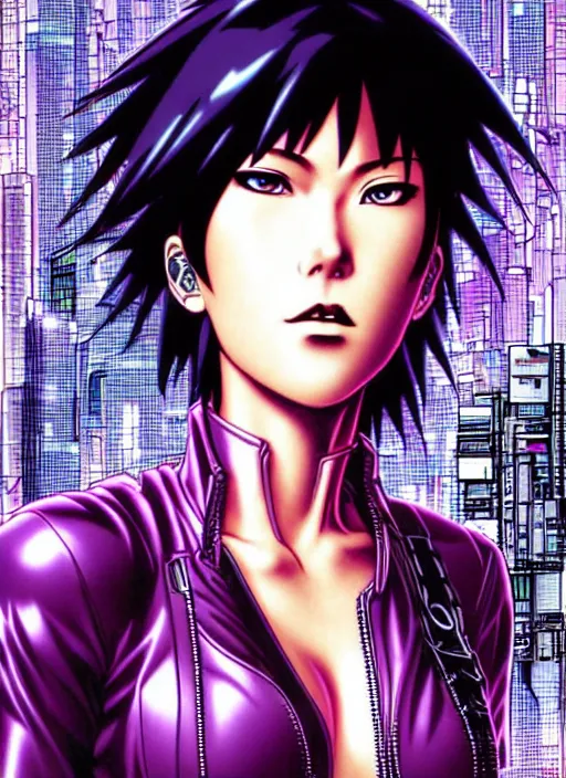 Image similar to motoko kusanagi in grungy cyberpunk megacity, intricate and finely detailed, cyberpunk vaporwave, portrait by j scott campbell