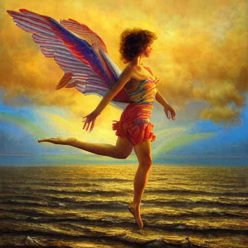 Prompt: the flying girl over the ocean, golden morning sun, rainbow , simulation Portrait by Paul Bonner, oil on canvas