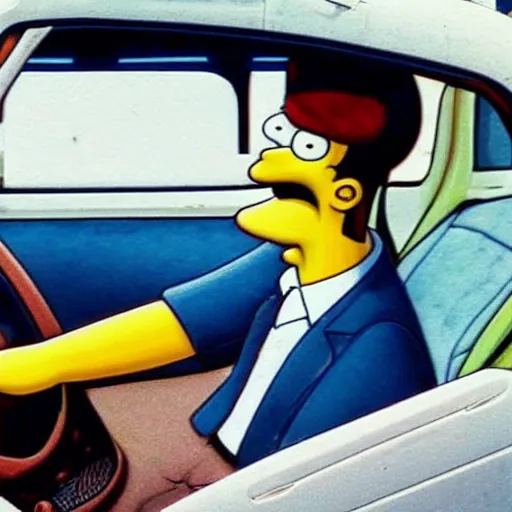 Prompt: Photo of excited Homer Simpson sitting in the driver seat of a LADA VAZ-1111