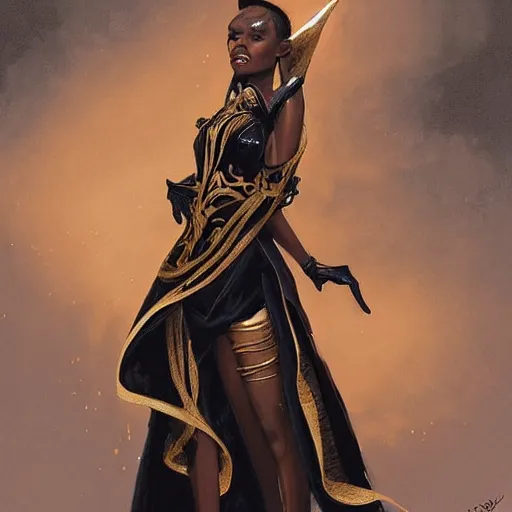 Prompt: Portrait of a tall beautiful brown-skin elf woman wearing stylish black and gold robes, warm smile, intricate, elegant, highly detailed, digital painting, smooth, sharp focus, artstation, graphic novel, art by stanley artgerm and greg rutkowski and peter mohrbacher,