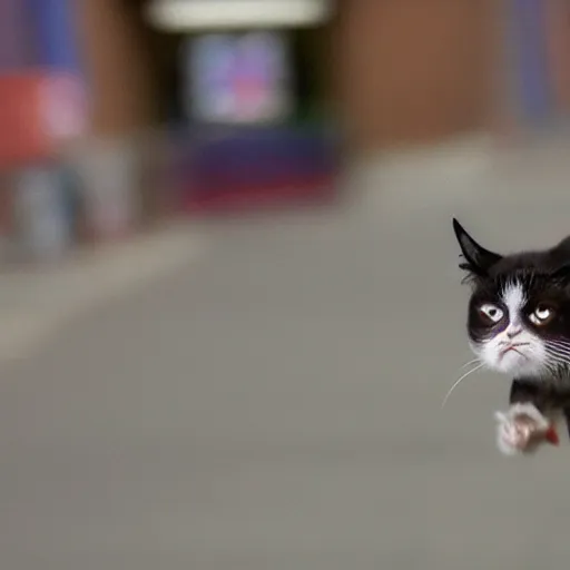 Prompt: photo of hyperspeed flying through outer space, blurry grumpy cat running fast with motion blur