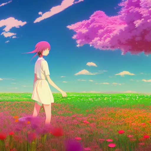 Image similar to a beautiful ultra - detailed panorama of a girl walking through a field of colorful flowers by beeple, studio ghibli, makoto shinkai, wallpaper, highly detailed, trending on artstation, anime