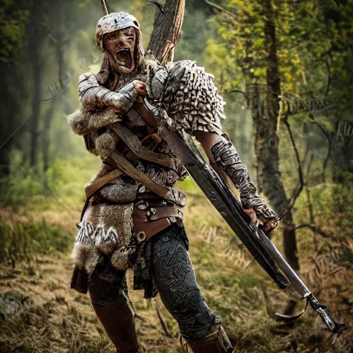 Prompt: warrior with surface of tree - bark, wearing stone wood vines armor, holding laser rifle, battlefield, highly detailed, dramatic lighting, cinematic, sci - fi, hyperrealistic, detailed