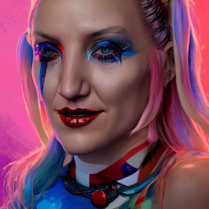 Prompt: portrait of Kate Hudson as a harley quinn. intricate abstract. intricate artwork. by Tooth Wu, wlop, beeple, dan mumford. octane render, trending on artstation, greg rutkowski very coherent symmetrical artwork. cinematic, hyper realism, high detail, octane render, 8k, iridescent accents