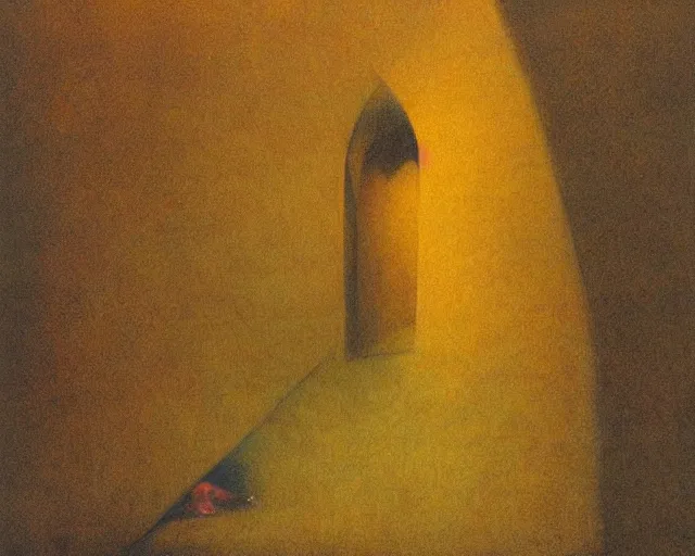 Image similar to by francis bacon, beksinski, mystical redscale photography evocative. devotion to the scarlet woman in her cathedral, priestess in a conical hat, coronation, ritual, sacrament