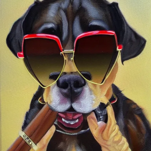 Prompt: oil painting of a badass dog with sunglasses smoking a cigar