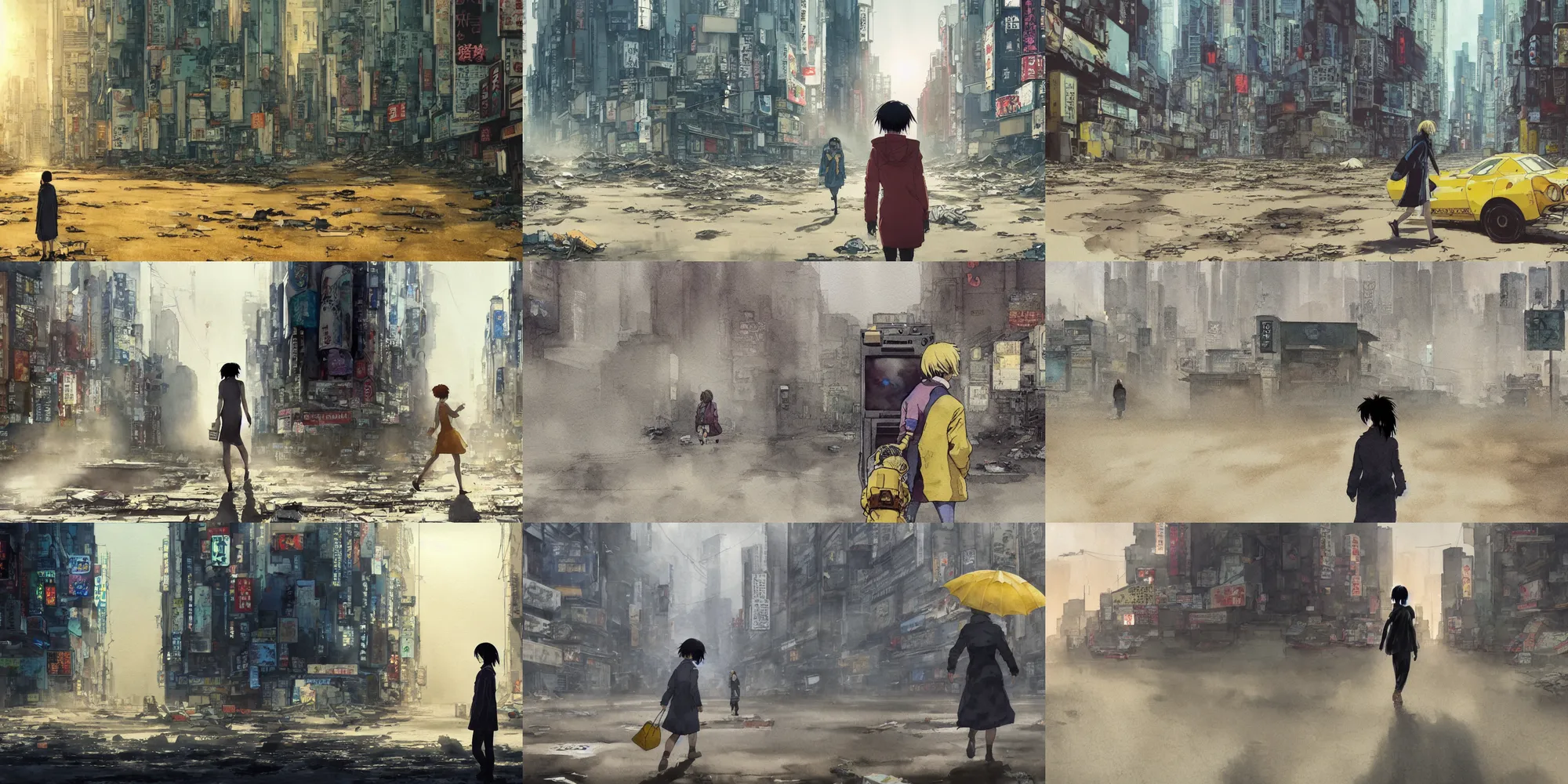 Prompt: incredible wide screenshot, ultrawide, simple watercolor, paper texture, katsuhiro otomo ghost in the shell movie scene, backlit distant shot of girl in a parka running from a monster robot side view ,yellow parasol in deserted dusty shinjuku junk town, broken vending machines, old pawn shop, bright sun bleached ground, mud, fog, dust, windy, scary chameleon face muscle robot monster lurks in the background, ghost mask, teeth, animatronic, black smoke, pale beige sky, junk tv, texture, shell, brown mud, dust, bored expression, overhead wires, telephone pole, dusty, dry, pencil marks, genius party,shinjuku, koju morimoto, katsuya terada, masamune shirow, tatsuyuki tanaka hd, 4k, remaster, dynamic camera angle, deep 3 point perspective, fish eye, dynamic scene