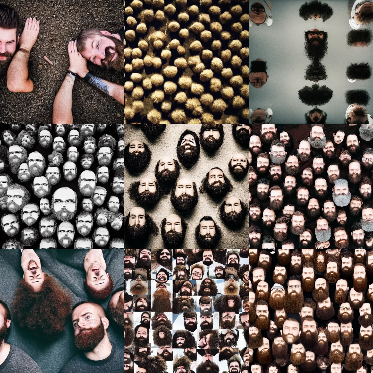 Prompt: burly bearded hairy heads floating and looking down from the sky, photography