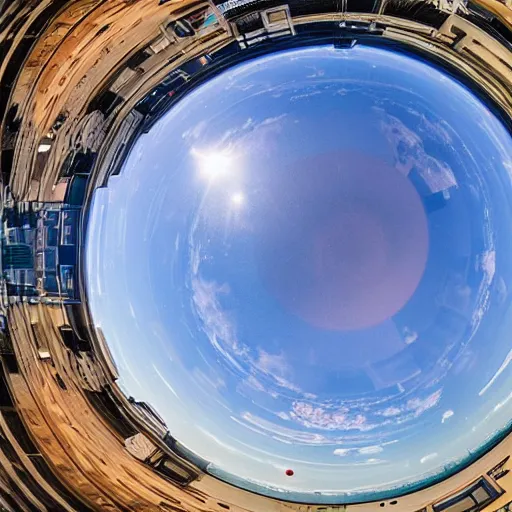 Image similar to city in space, art deco, fisheye lens