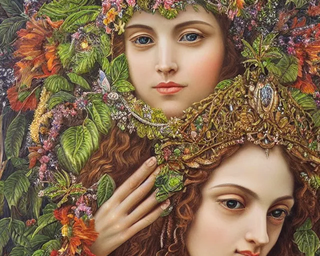 Prompt: A beautiful goddess, queen of nature, Gaia, intricate and ornate details, detailed, hyper-realistic, oil on canvas, surreal