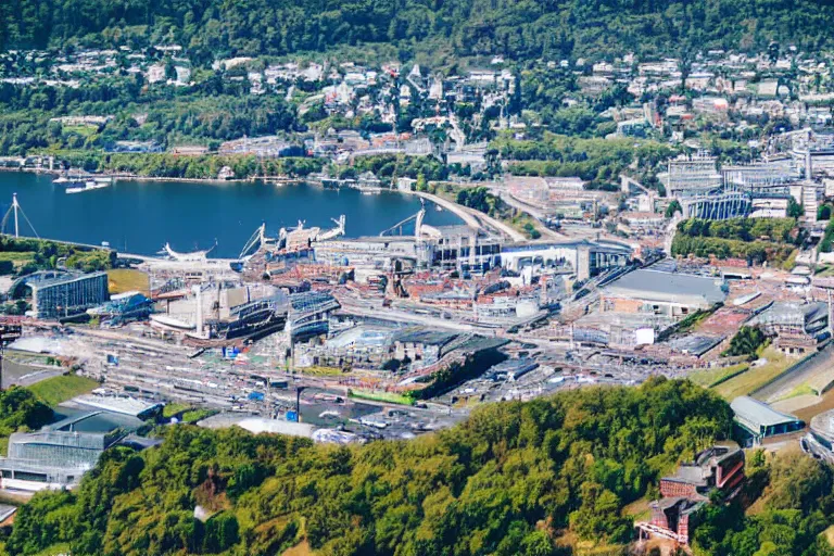 Image similar to bird's eye view photography of a small city. town hall, central farm, monorail station, beach and shipping dock. hills, woods and lake to the north.