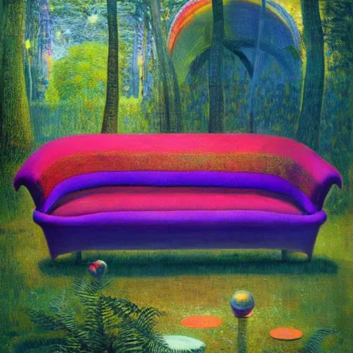 Image similar to psychedelic couch sofa in the lush forest, milky way, designed by arnold bocklin, jules bastien - lepage, tarsila do amaral, wayne barlowe and gustave baumann, cheval michael, trending on artstation, mediterranean, star, sharp focus, colorful refracted sparkles and lines, soft light, 8 k 4 k