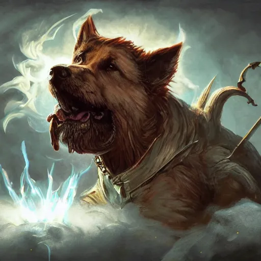 Prompt: Dog, Anthropomorphized, casting epic spell, magic the gathering artwork, D&D, fantasy, cinematic lighting, centered, symmetrical, highly detailed, digital painting, artstation, concept art, smooth, sharp focus, illustration, volumetric lighting, epic Composition, 8k, art by Akihiko Yoshida and Greg Rutkowski and Craig Mullins, heroic pose, oil painting, cgsociety, magic lab background