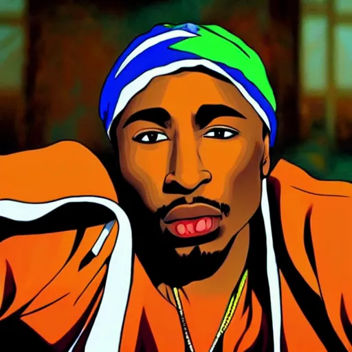 Image similar to Tupac Shakur, screenshot from a 2012s anime