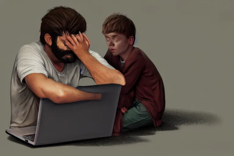 Prompt: hangover man sitting with laptop and very sad crying kid staying near the man. high detail, trending on artstation