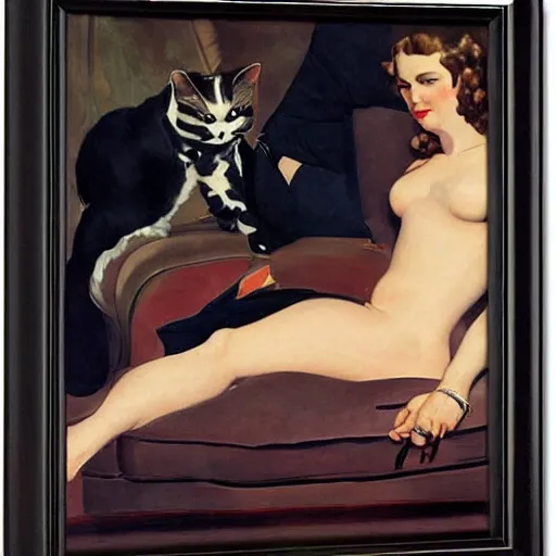 Image similar to portrait of macron reclining on the sofa, petting a cat, black suit, by j. c. leyendecker, tamara de lempicka