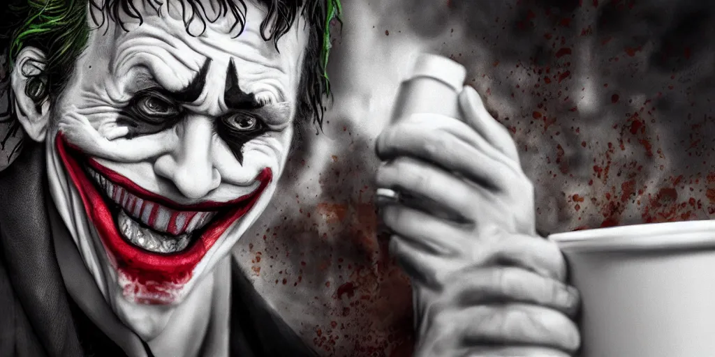 Image similar to High detail portrait of Joker with cynical face drinking coffee, high render,8k.