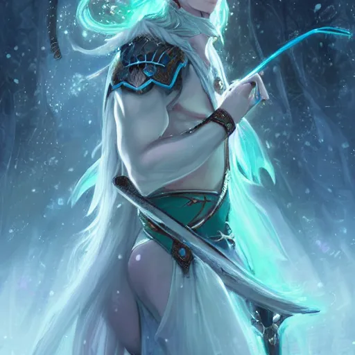 Image similar to handsome male snow elf in a turquoise cape and silver ornate armour as an archer, albino skin, pale pointed ears, ethereal opalescent mist, winter vibes, perfect face, elegant, very coherent symmetrical artwork, by wenjun lin, krenz cushart, charlie bowater, trending on artstation