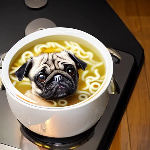 Prompt: An adorable pug sitting in a pot of ramen noodle soup atop a stove, high resolution photograph