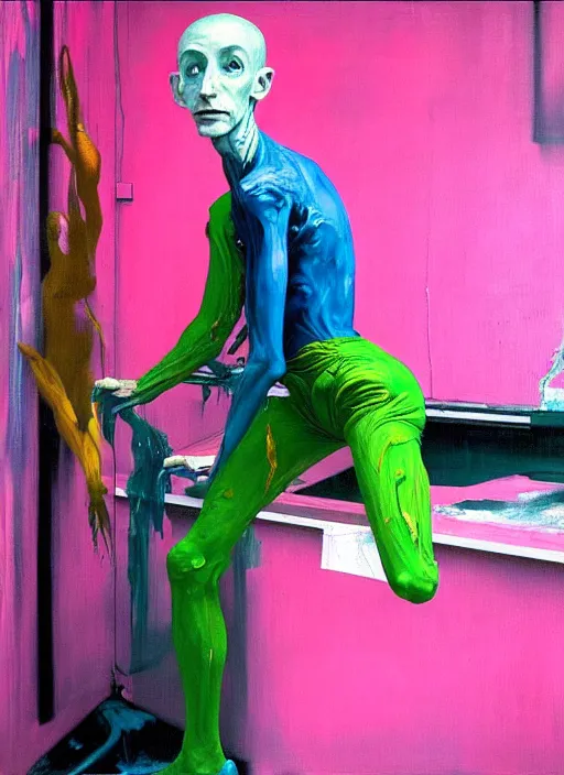 Image similar to an insane, skinny, artist wearing overalls, expressive painting the walls inside a grand messy studio, hauntingly surreal, highly detailed painting by francis bacon, edward hopper, adrian ghenie, gerhard richter, and james jean, soft light 4 k in pink, green and blue colour palette