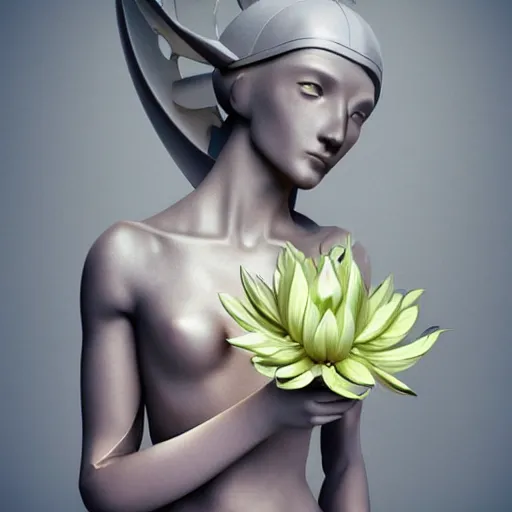 Prompt: minimalist elaborate photorealistic cyborg holding a huge white flower. in the style of Michelangelo, and Paul Gauguin, with cyberpunk liberty and flemish baroque mixed media details. vibrant vivid 3d textures in natural pastel tones. HD 8x matte background