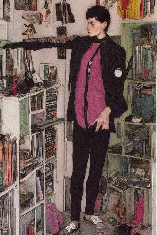 Image similar to a skinny goth guy standing in a cluttered 9 0 s bedroom, full body character concept art, vaporwave colors, jules bastien art,