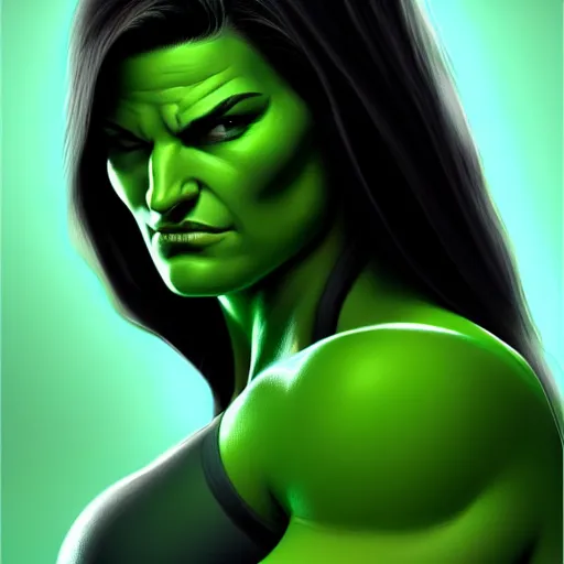 Prompt: beautiful Gina Carano skinny She Hulk green skin, middle shot, highly detailed, digital painting, artstation, concept art, smooth, sharp focus, illustration