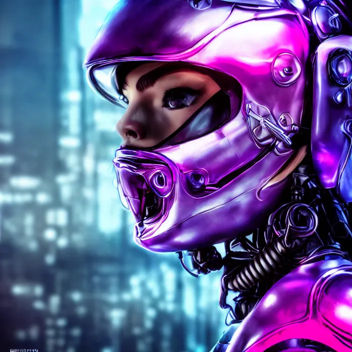 Prompt: biker girl in cybernetic helmet beautiful realistic symmetrical defined face, slight smile and open eyes, anatomically correct, cyberpunk, full portrait, high detail, realistic, synthwave neon pink and blue and red and purple and black