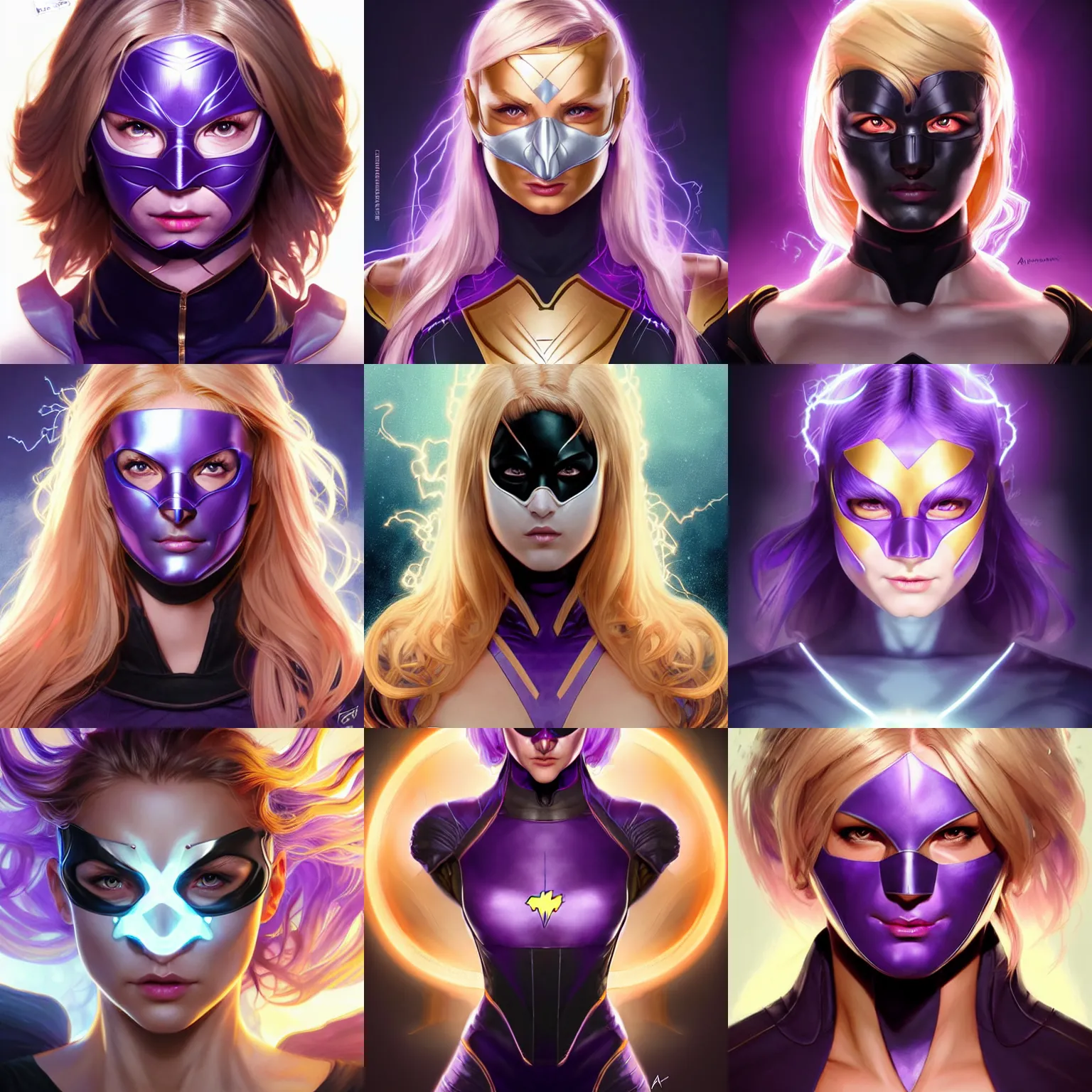 Prompt: character concept portrait, symmetrical head-on centralized, super-hero girl, small-mask, blond, black and violet costume, aura of power. Detailed, high quality, dynamic lightning, fantasy. Artwork by Artgerm, WLOP, Alex Ross, Greg Rutknowski, Alphonse Mucha