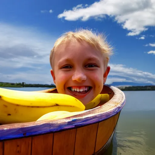 Prompt: friendly ripe smiling banana in a boat, background iridescent clouds