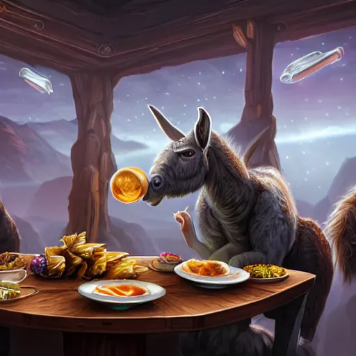 Prompt: zoom out, ultrarealistic, ultradetailed, war donkey eating breakfast, sitting on a futuristic table with aliens, at the end of the universe, very very very ultradetailed, epic fantasy style art, fantasy epic digital art, epic fantasy art, hearthstone style art