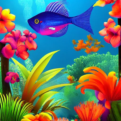 Prompt: a tropical fish in a world full of bright flowers and plants, digital art, warm lighting, trending on artstation, hdr