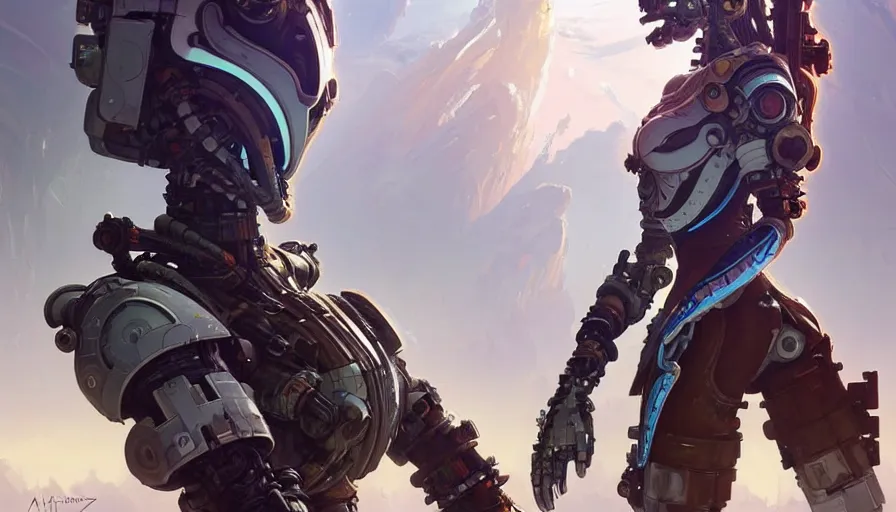 Image similar to a warrior robot astronaut, floral! looks like a machine from horizon zero dawn designed by zaha hadid, posing for a fight intricate, elegant, highly detailed, digital painting, establishing shot, an epic fantasy, artstation, concept art, smooth, sharp focus, illustration, art by artgerm and greg rutkowski and alphonse mucha, 8 k