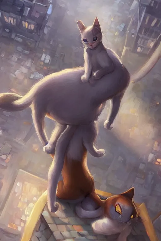 Image similar to a fullbody pose of humanoid cat, beautiful clean oil painting a anthropomorphic cat in a cats city from the top of a roof pinterest, artstation trending, behance, silver, laser light, trending on furaffinity, backlighting, cartoon, by kawacy