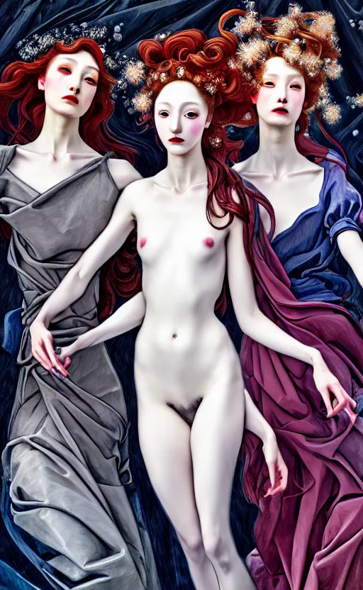 Image similar to 3 Figures as Winter Spirits, style is a blend of Peter Chung, Botticelli, and John Singer Sargent, inspired by pre-raphaelite paintings, shoujo manga, and Japanese city street fashion, dark and moody colors, hyper detailed, super fine inking lines, 4K extremely photorealistic digital art