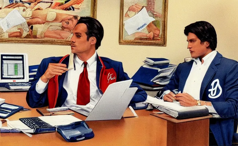 Prompt: photorealistic picture of wall street banker wearing braves in his office. 8 0's style