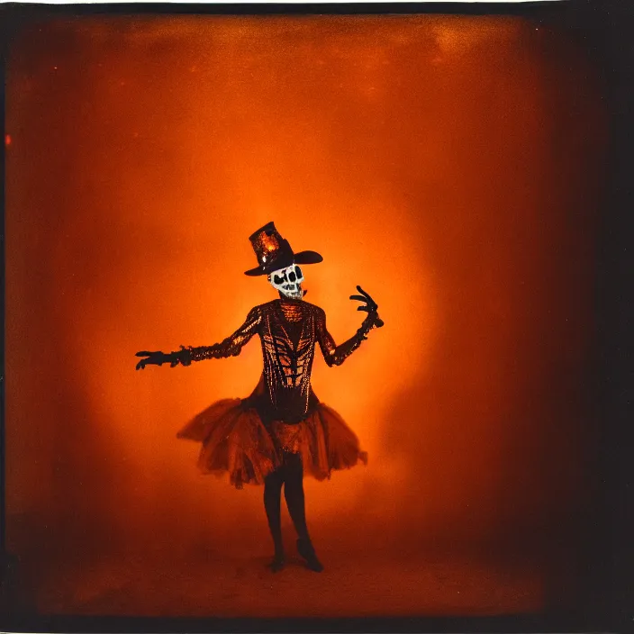 Image similar to kodak portra 4 0 0, wetplate, motion blur, portrait photo of a backdrop, skelleton dance, golden 1 9 2 0 s, coloured in orange fire, sparkling, by georges melies and by britt marling, muted colours