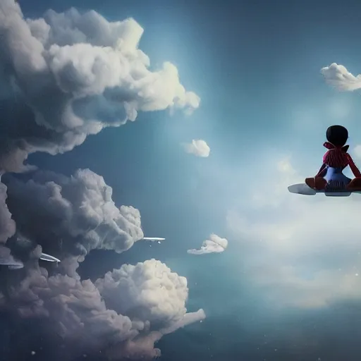 Image similar to stunning, coherent, impressive, detailed still of super black a family flying in clouds, follow shot, 3d, in the style of pixar, comic book style, 3d, highly detailed, sharp focus, bokeh, depth of field, 16k resolution, Unreal Engine 5, coherent, cinematic lighting, photorealistic, by Zhang Jingna