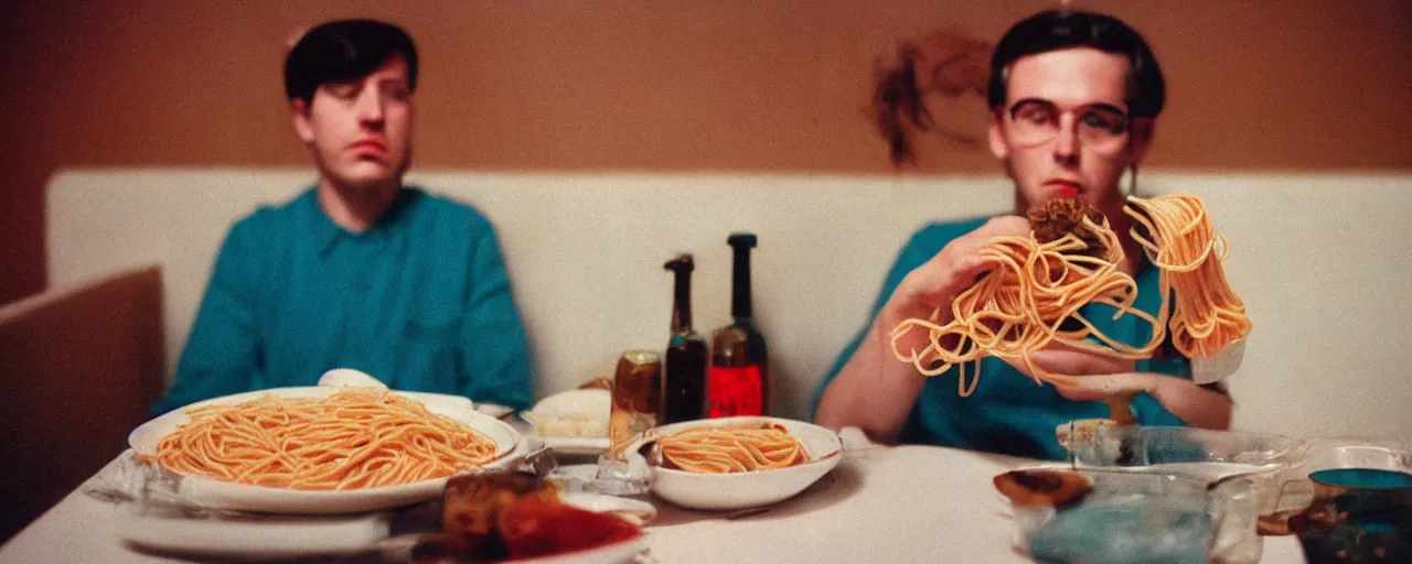 Image similar to eating spaghetti alone in front of the tv, modern era, canon 5 0 mm, kodachrome, in the style of wes anderson