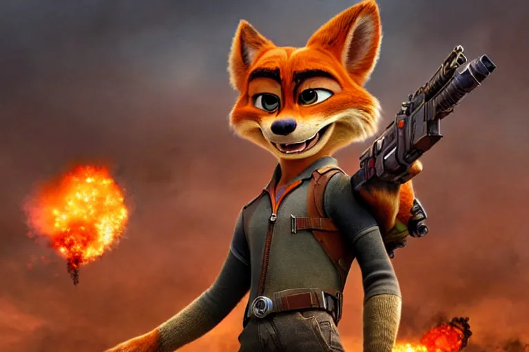 Image similar to nick wilde ( from zootopia ), heavily armed and armored facing down armageddon in a dark and gritty reboot from the makers of mad max : fury road