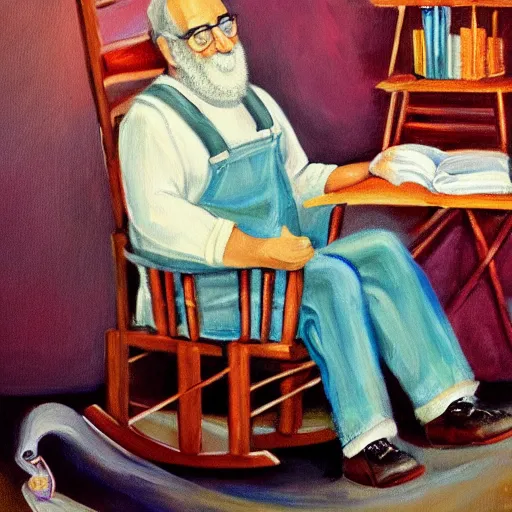 Image similar to a painting of grandpa yocheved avigayil batya tzfira wearing overalls on a rocking chair, telling stories, cute and wonderful vivid painting