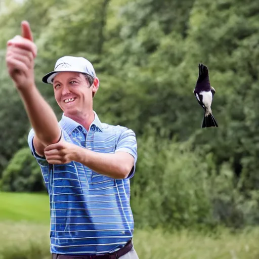 Image similar to man golfing and pointing to a bird who stole the ball, audience looking and laughing