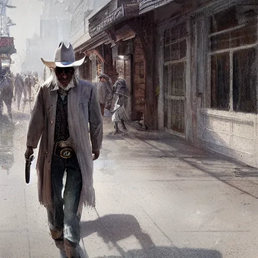 Image similar to a man with a long duster,grey hair and a cowboy hat walking in a western town, drawn by Ruan Jia, portrait, fantasy art, dramatic lighting, digital art, 8k, highly detailed