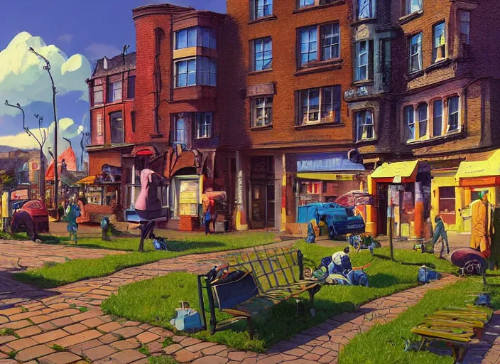 Image similar to dublin townsquare, summer morning, very coherent and colorful high contrast, art by gediminas pranckevicius, geof darrow, makoto shinkai, dark shadows, hard lighting